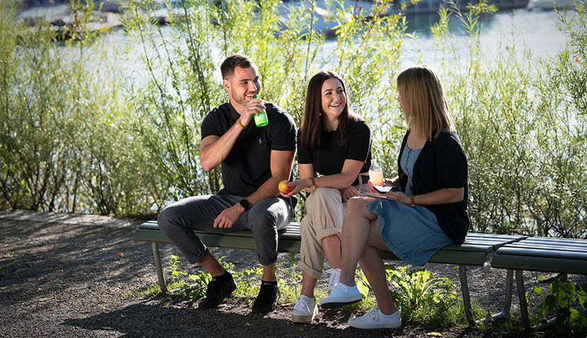 Drei Helsana-Mitarbeiter machen gemeinsam Mittagspause in der Natur (Foto)